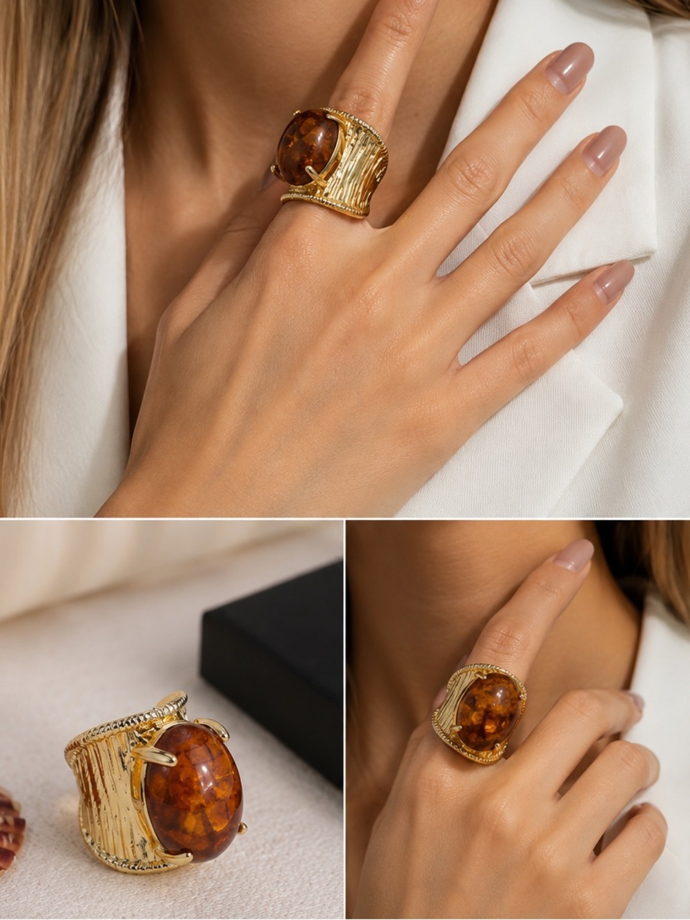 Vintage Amber Oval Statement Ring Gold Wide Band Adjustable Ring